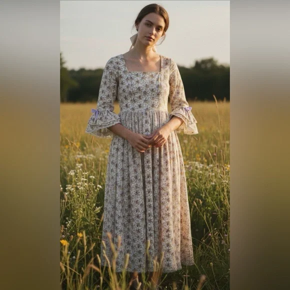 Vintage Handmade Floral Midi Dress with Purple Accents - Picture 1 of 11